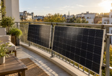 Solarmodule an einem Balkongeländer im Wohngebiet [Bildinhalt mit KI erstellt]