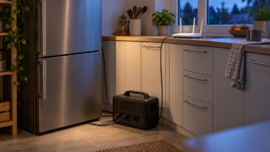 Powerstation neben Kühlschrank und WLAN-Router in einer Küche [Bildinhalt mit KI erstellt]