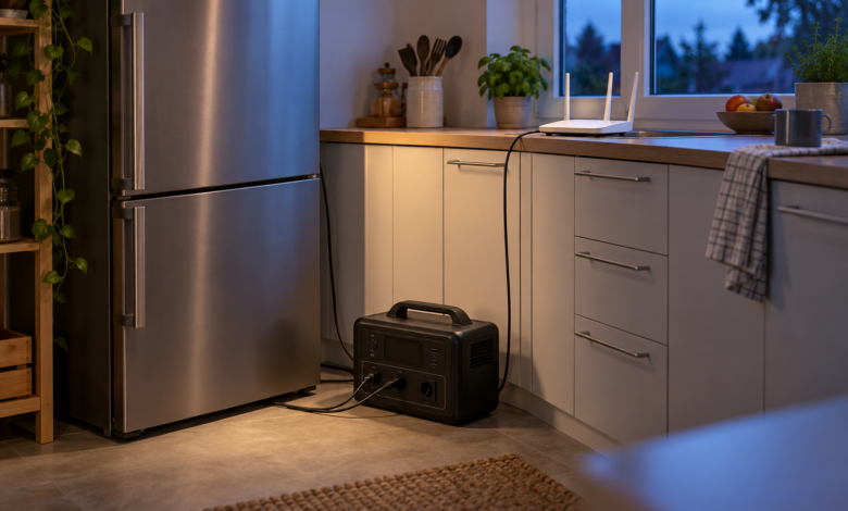 Powerstation neben Kühlschrank und WLAN-Router in einer Küche [Bildinhalt mit KI erstellt]