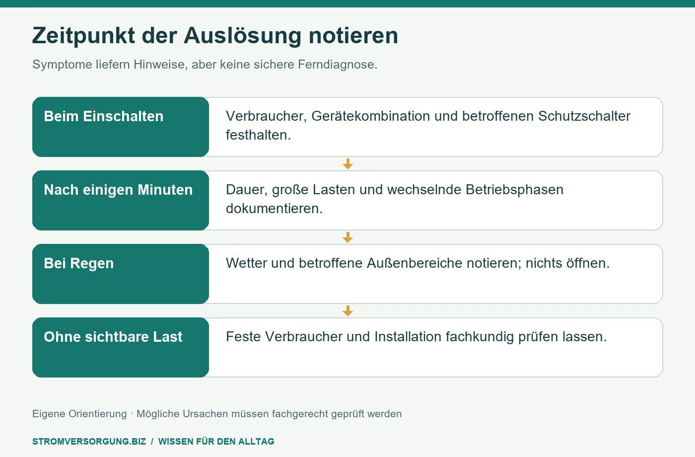 Zeitpunkt der Auslösung notieren. Symptome liefern Hinweise, aber keine sichere Ferndiagnose. [Bildinhalt mit KI erstellt]