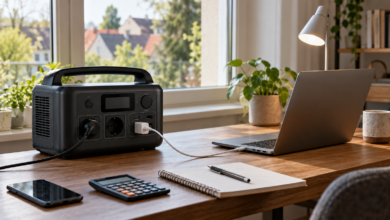 Tragbare Powerstation mit Laptop, LED-Lampe und Rechner am Schreibtisch [Bildinhalt mit KI erstellt]