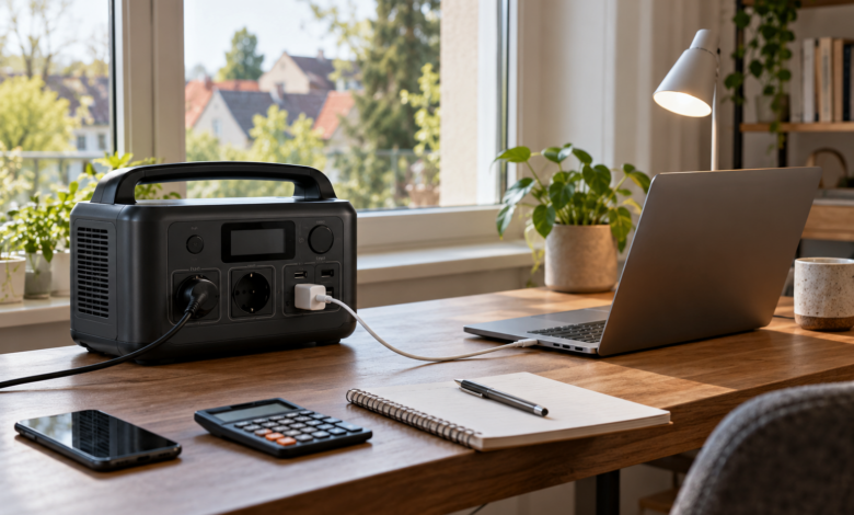 Tragbare Powerstation mit Laptop, LED-Lampe und Rechner am Schreibtisch [Bildinhalt mit KI erstellt]